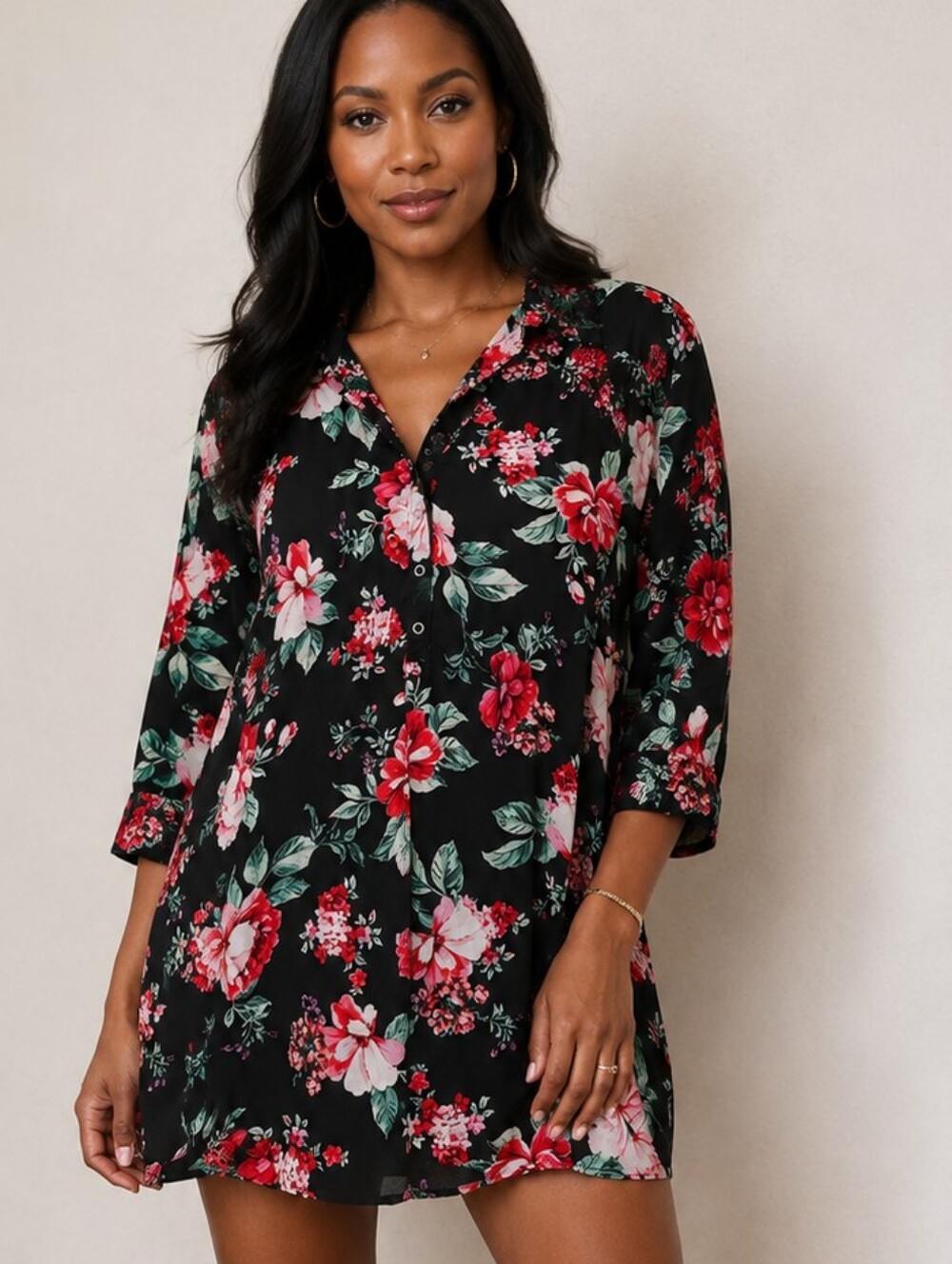 Torrid Tunic/Dress Black Floral Collared Snap Henley Top Belted Sz 4X Coquette
